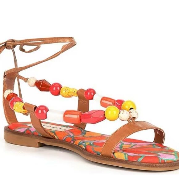Antonio Melani | Loola Beaded Leather Ankle Wrap Flat Sandals - Picture 1 of 6